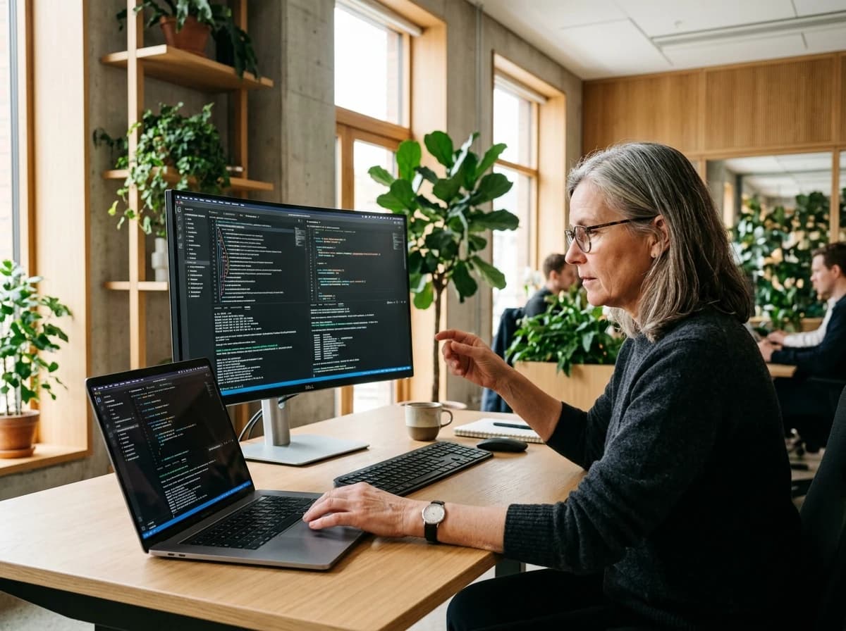 Software engineer writing markdown specifications and terminal notes across high-resolution displays